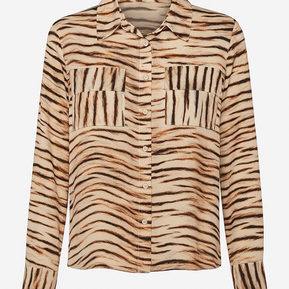 Tiger Print Button Down Shirt – Long Sleeve Top (Small)